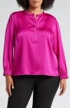 Cece Charm Imitation Pearl Button Satin Top In Magenta Pink