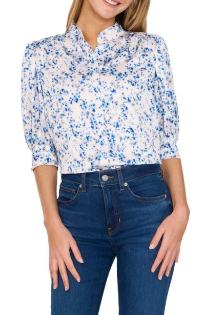 Cece Charm Printed Puff Sleeve Button-up Shirt In Ocean Blue