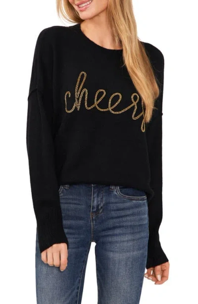 Cece Women's Long-sleeve Cheers Script Sweater In Rich Black