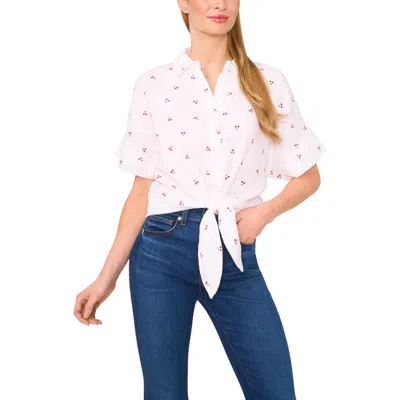 Cece Cherry Print Cotton Tie Front Button-up Shirt In White