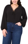 Cece Circle Lace Long Sleeve Pintuck Top In Black