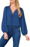 Cece Circle Trim Pintuck Top In Blue