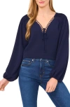 Cece Circle Lace Long Sleeve Pintuck Top In Classic Navy