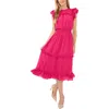 Cece Clip Dot Flutter Sleeve Midi Dress In Bright Rose