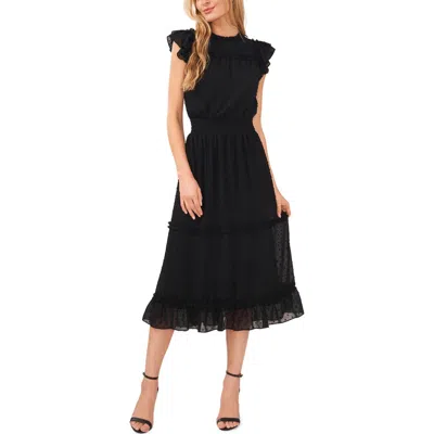 Cece Clip Dot Flutter Sleeve Midi Dress In Black