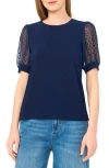 Cece Clip Dot Puff Sleeve Top In Blue