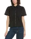 Cece Eyelet Short Sleeve Collared Button Down Top In Black