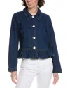 Cece Long Sleeve Collared Peplum Denim Jacket In Blue