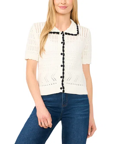 Cece Collared Short Sleeve Pointelle Cardigan In White