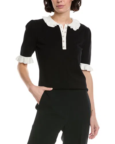 Cece Contrast Collar Polo Sweater In Black