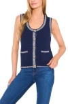 Cece Women's Sleeveless Striped-edge Sweater Vest In Blue