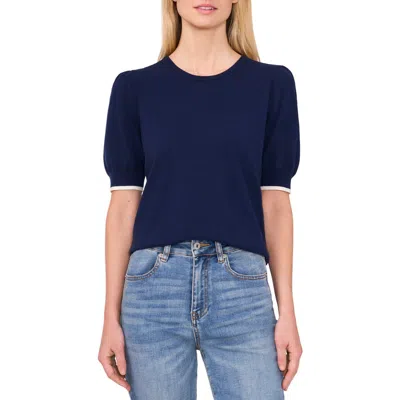 Cece Contrast Edge Puff Sleeve Cotton Sweater In Classic Navy Blue