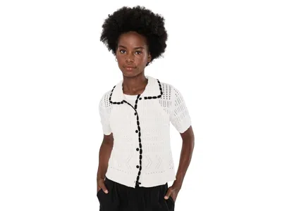 Cece Contrast Stitch Short Sleeve Cardigan Women's Sweater Antique White: Lg