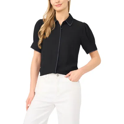 Cece Contrast Tipped Georgette Button-up Top In Black