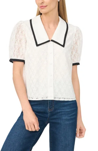 Cece Contrast Trim Lace Puff Sleeve Top In White