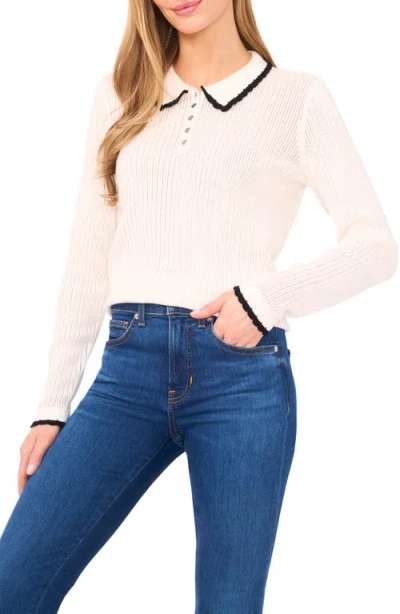 Cece Contrast Trim Pointelle Cotton Polo Sweater In White