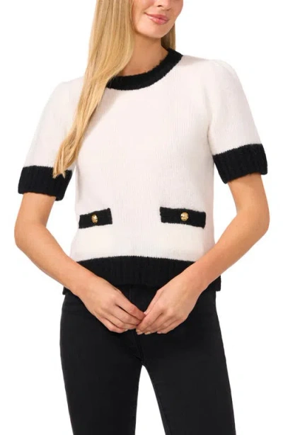 Cece Contrast Trim Short Sleeve Sweater In Antique White