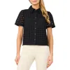 Cece Eyelet Short Sleeve Collared Button Down Top In Multi