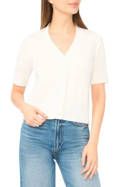Cece Covered Button Short Sleeve Cardigan In White