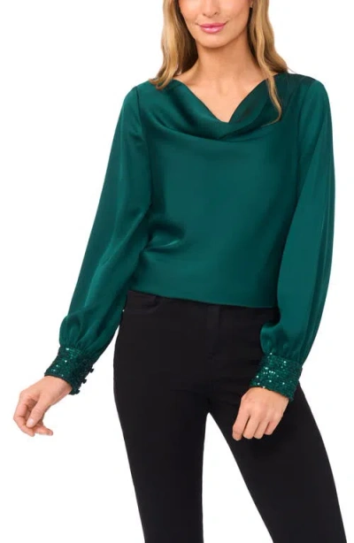 Cece Cowl Neck Sequin Cuff Charmeuse Top In Green
