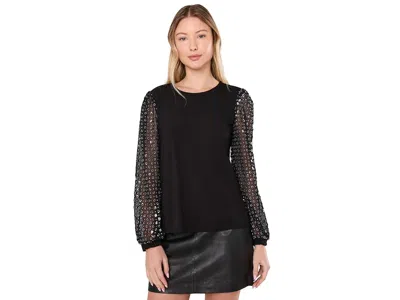 Cece Crew Neck Long Sleeve With Mixed Media Sleeve Women's Clothing Rich Black: Lg, Polyester In Animal Print