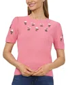 Cece Embroidered Flowers Rib Sweater