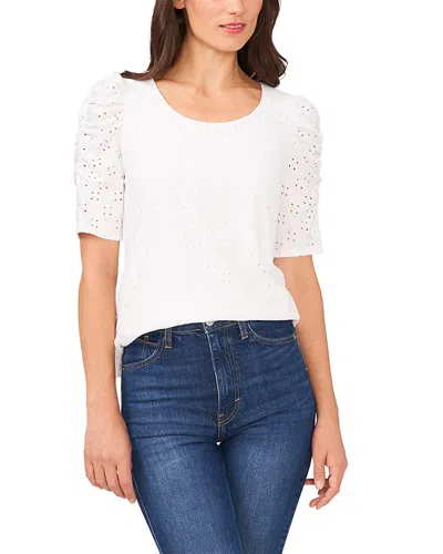Cece Crewneck Ruched Elbow Sleeve Top In Ultra White