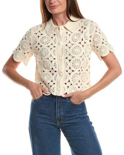Cece Crochet Short Sleeve Button Up Shirt In Neutral
