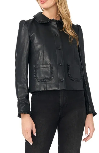 Cece Crop Ruffle Trim Faux Leather Jacket In Black