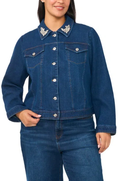 Cece Crystal Collar Puff Sleeve Denim Jacket In Mid Indigo