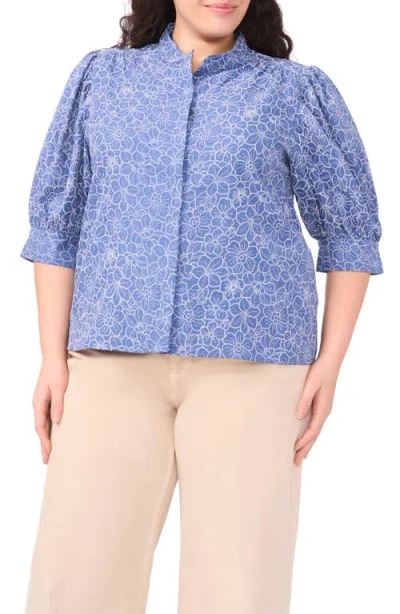 Cece Daisy Embroidered Chambray Button-up Top In Blue