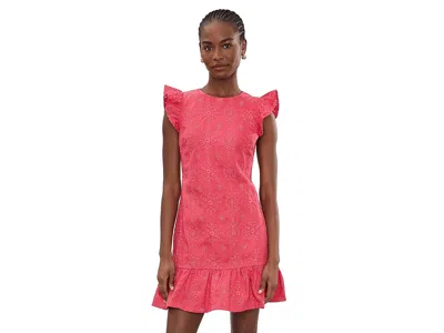 Cece Denim Flutter Sleeve Ruffle Hem Mini Dress In Red