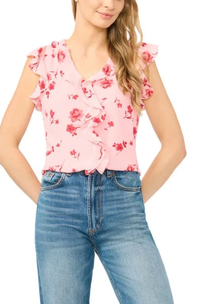 Cece Ditsy Floral Ruffle Trim Top In Pink