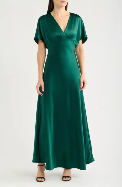 Cece Dolman Sleeve Satin Cocktail Midi Dress In Dark Forest