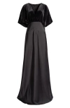 Cece Dolman Sleeve Velvet & Satin Dress In Rich Black