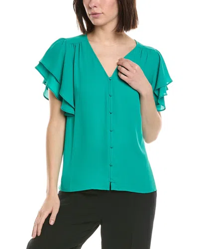 Cece Double Flutter Shirred Shoulder Blouse In Green