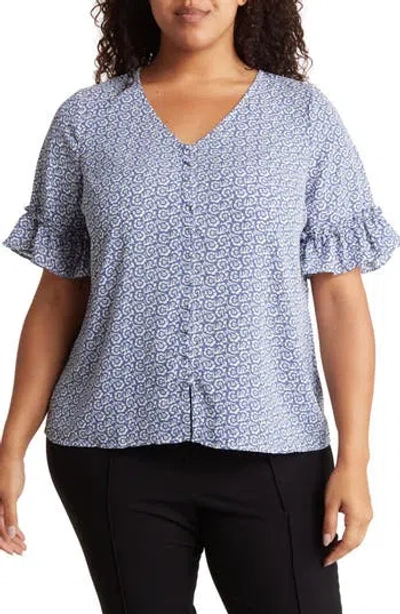 Cece Double Flutter Sleeve Button Front Blouse In Blue