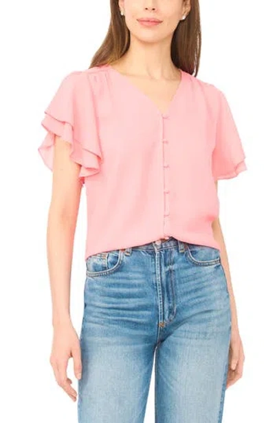 Cece Double Flutter Sleeve V-neck Top In Coral Bloom