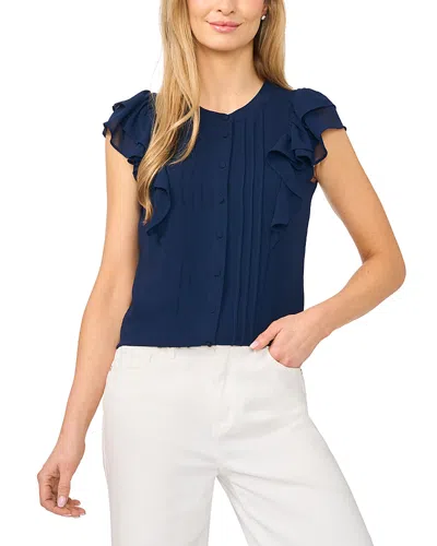 Cece Double Ruffle Button Down Top In Blue