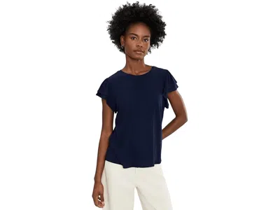 Cece Double Ruffle Crew Neck Knit Top Women's Clothing Classic Navy: Md In Blue