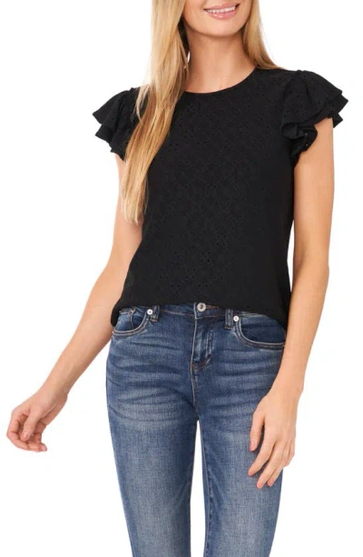 Cece Double Ruffle Sleeve Eyelet Knit Top In Rich Black