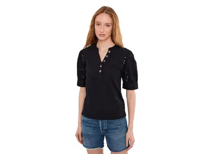 Cece Elbow Puff Sleeve Mixed Media Lace Top In Black