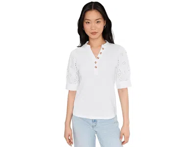 Cece Elbow Puff Sleeve Mixed Media Lace Top In Neutral