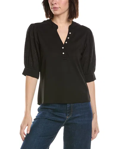 Cece Elbow Puff Sleeve Mixed Media Top In Black