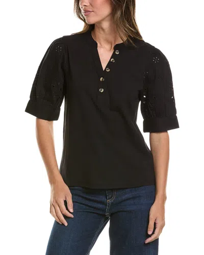 Cece Elbow Puff Sleeve Mixed Media Top In Black