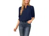 Cece Puff Sleeve Crepe Button-up Shirt In Classic Navy