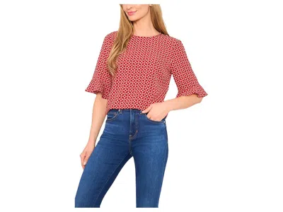 Cece Elbow Sleeve Ruffle Cuff Crew Neck Top Women's Clothing Mulberry Red: Sm, Polyester/spandex In Multi
