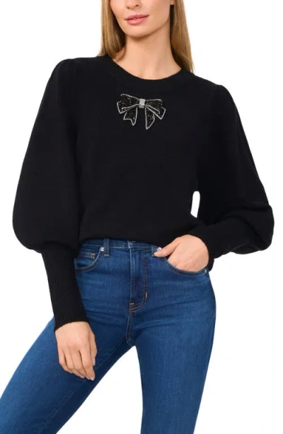 Cece Women's Ribbon Bow Crew Neck Sweater In Rich Black