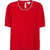 Cece Embellished Collar Short Sleeve Cotton Sweater In Red