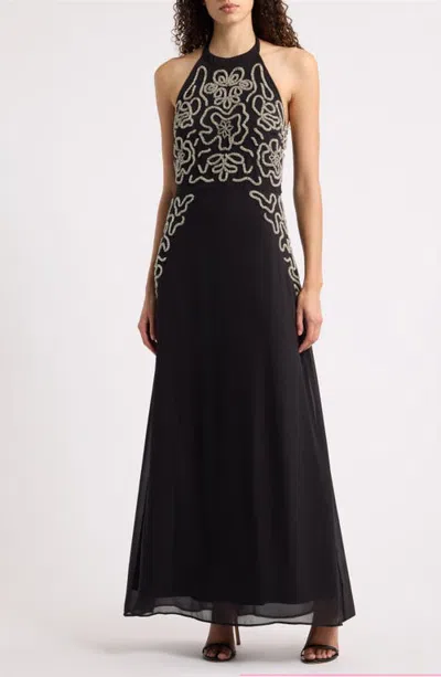 Cece Embellished Maxi Halter Dress In Black